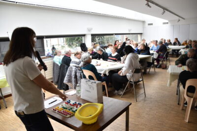 Femme qui parle au micro devant des personnes âgées assises autour de tables - Agrandir l'image 4 sur 6, fenêtre modale