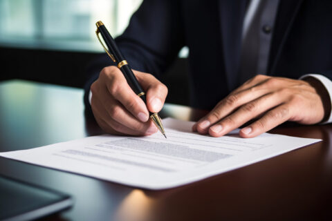 Main qui tient un stylo devant une feuille