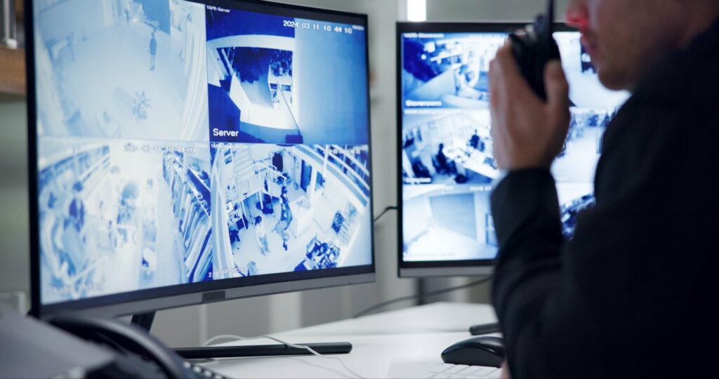 Homme qui parle dans un talkie-walkie devant des vidéos de surveillance. - Agrandir l'image, fenêtre modale