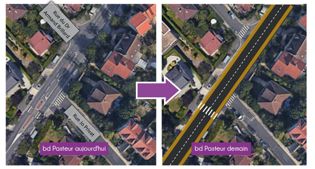 Comparaison de deux photos d'une route après la mise en place d'un aménagement - Agrandir l'image, fenêtre modale