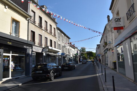 Rue avec petits drapeaux français accrochés