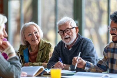 Des seniors assis à une table qui discutent - Agrandir l'image, fenêtre modale